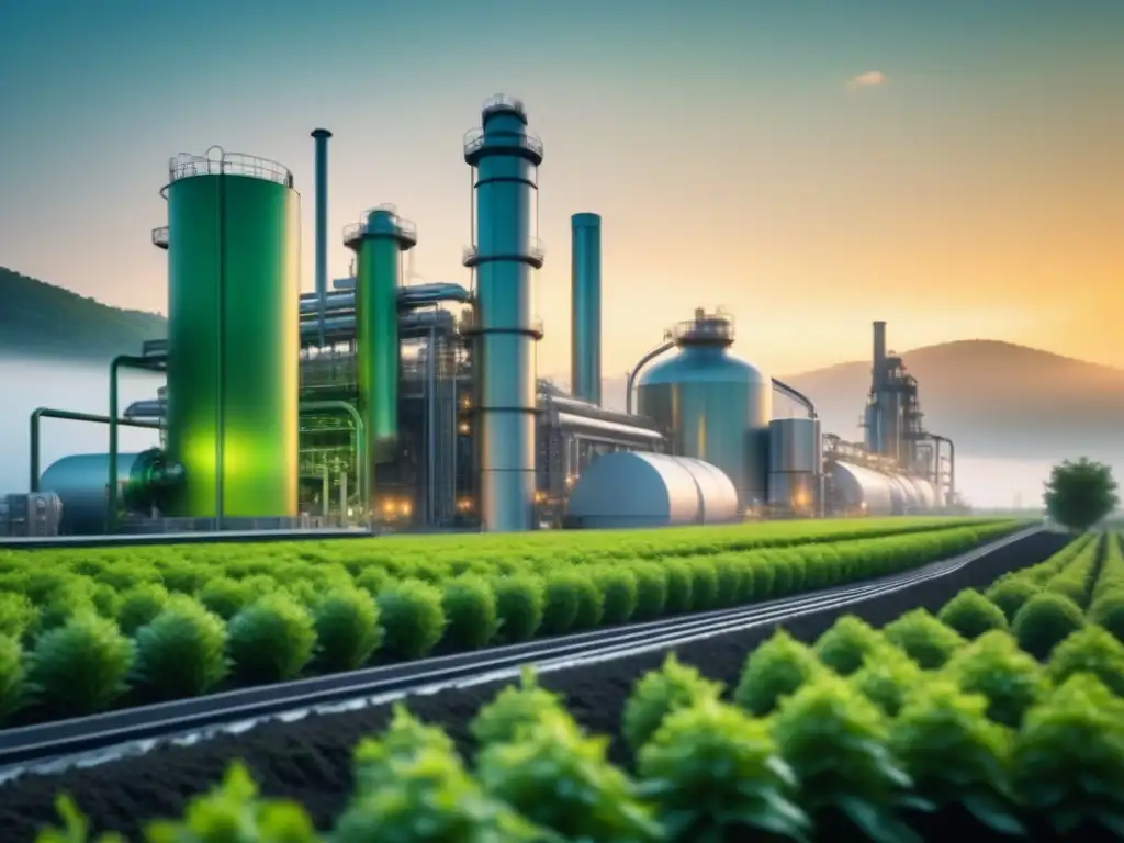 Planta química futurista integrada en paisaje verde Una representación minimalista y futurista de una planta química con elegantes estructuras metálicas integrándose en un paisaje verde sereno, resaltando maquinaria de alta tecnología interconectada con toques sutiles de inteligencia artificial, simbolizando la armonía perfecta entre tecnología y naturaleza en la