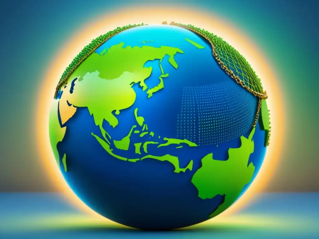 Blockchain: Facilitando el Comercio Internacional Representación minimalista de un globo interconectado por cadenas blockchain en comercio internacional y aduanas