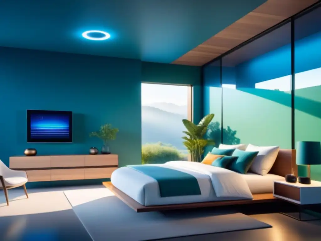 Ilustración minimalista de un hogar inteligente futurista con sistemas de automatización energéticamente eficientes