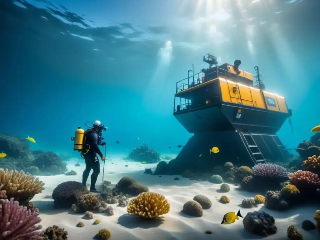 Una ilustración minimalista impresionante que muestra una escena submarina vasta con detalles intrincados de vida marina diversa y minerales relucientes, contrastando la belleza natural del fondo marino con la presencia imponente de equipos de minería submarina