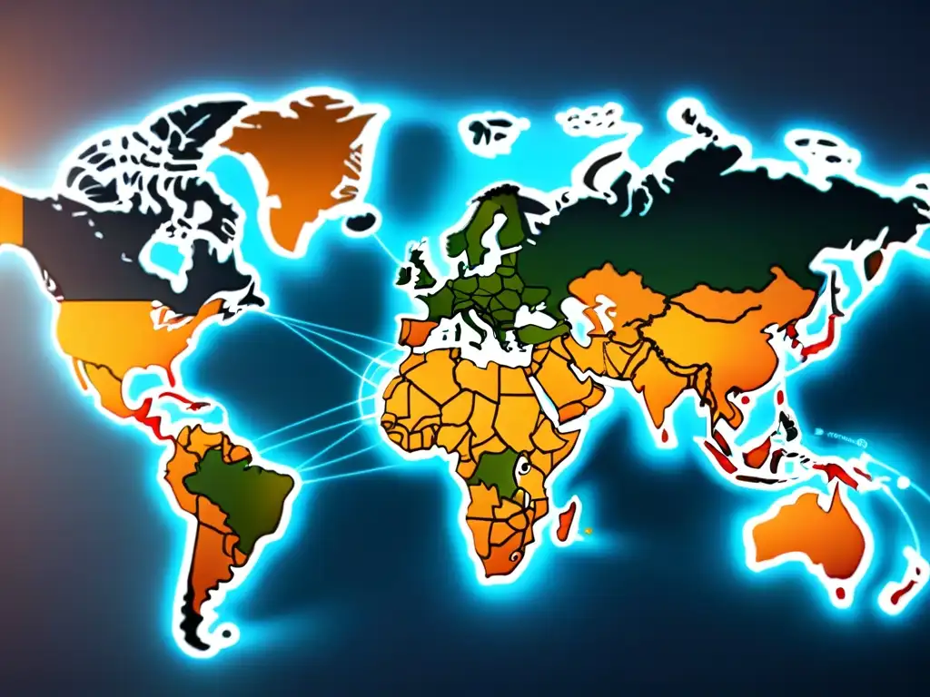 Mapa mundial blockchain: comercio global seguro y eficiente Ilustración minimalista de un mapa mundial con líneas de blockchain conectadas, simbolizando la eficiencia en comercio global