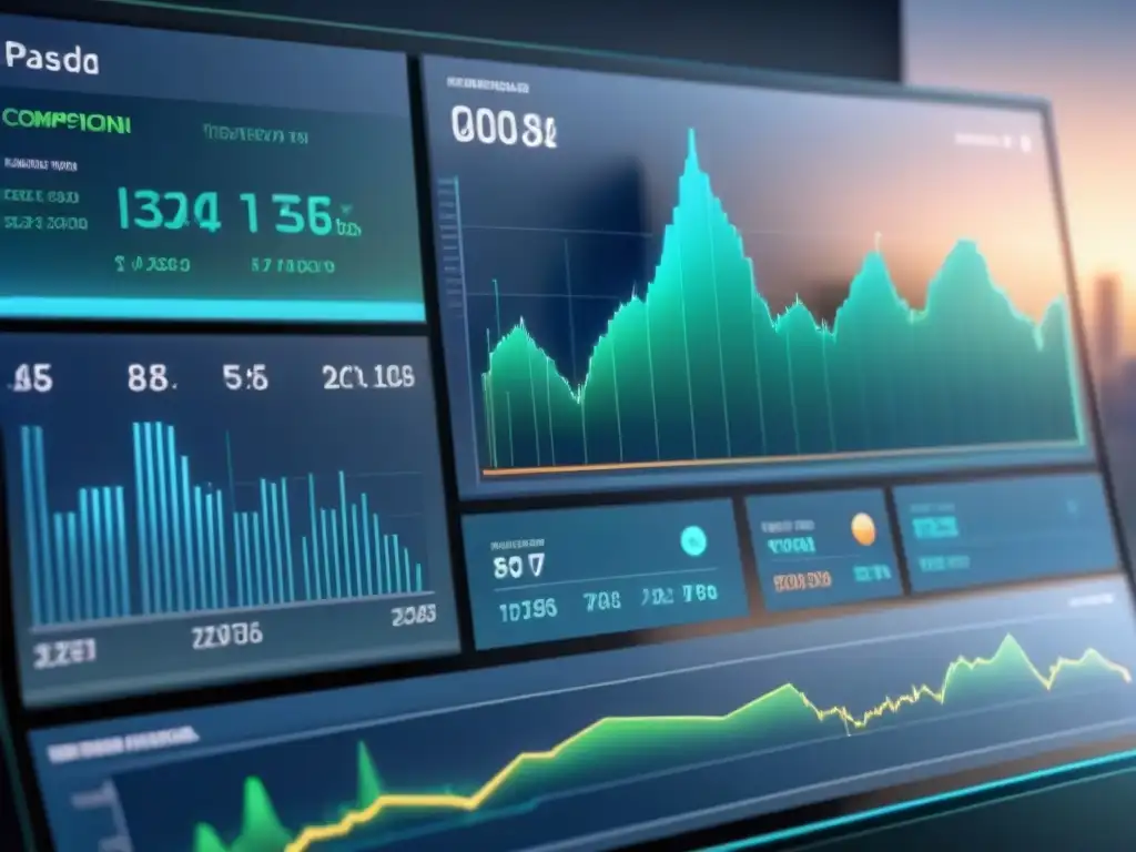 Una visualización minimalista de un panel de datos financieros futurista y elegante, con gráficos y números flotando en un espacio digital