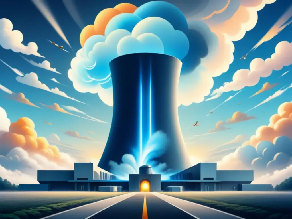 Ilustración minimalista de una planta nuclear entre nubes de mitos y hechos, simbolizando la separación entre ficción y realidad en energía nuclear