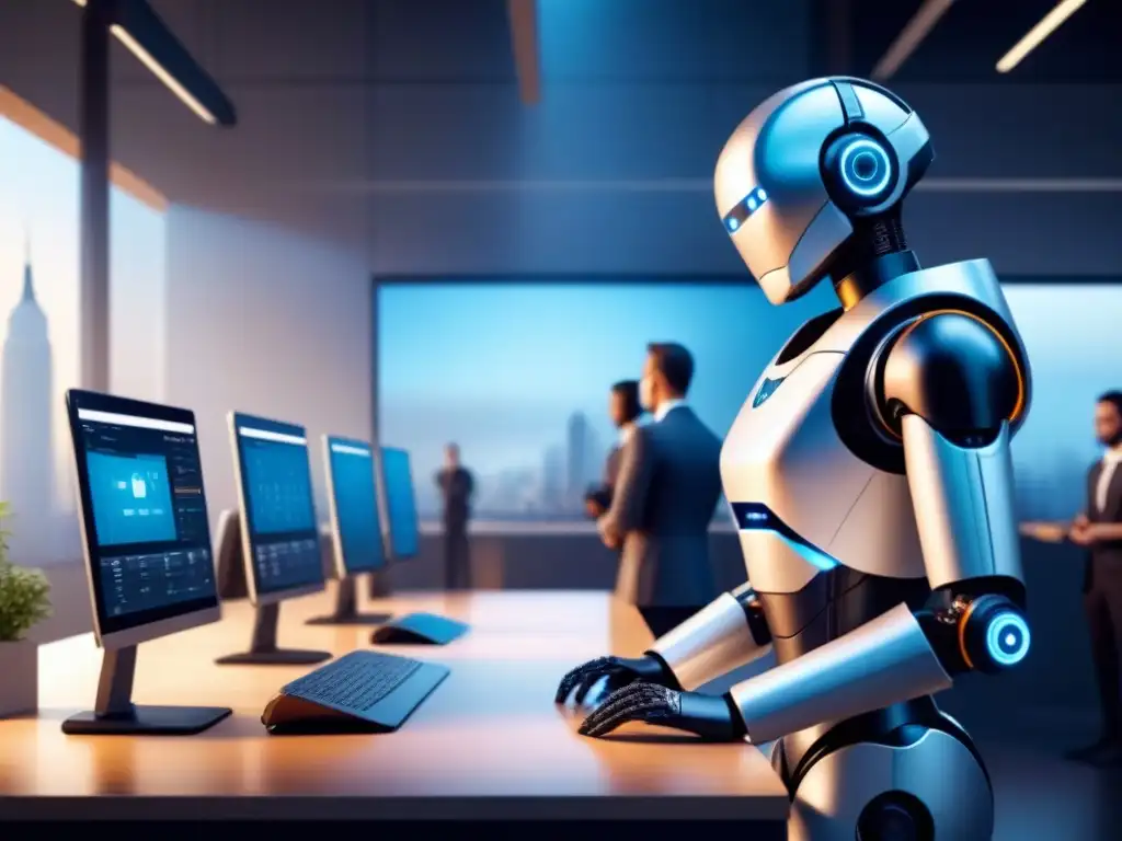Una ilustración minimalista de profesionales junto a robots de asistencia en un entorno laboral moderno, mostrando eficiencia y colaboración
