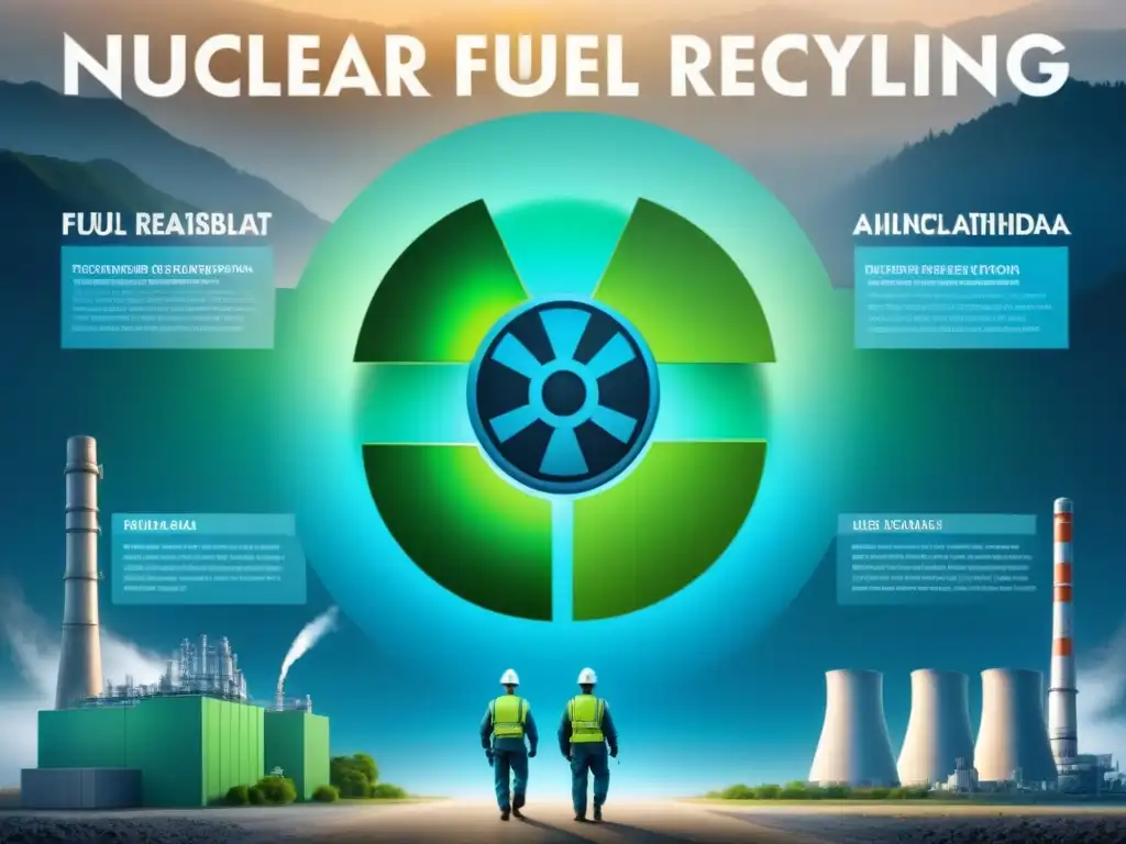 Ilustración minimalista del reciclaje de combustible nuclear sostenible, con paso a paso y paleta de colores tranquila