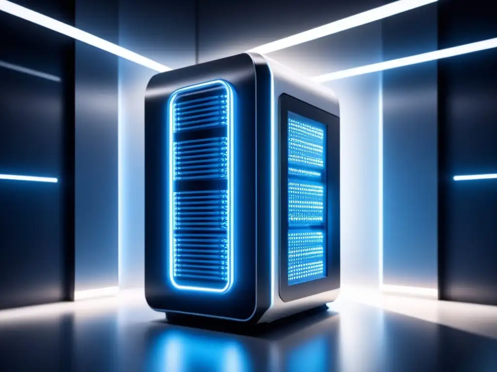 Supercomputadora futurista: circuitos azules y blancos brillantes Una ilustración ultradetallada y minimalista de un sistema informático futurista con patrones de circuitos intrincados que brillan suavemente en tonos azules y blancos sobre un fondo oscuro, simbolizando la tecnología de vanguardia y las avanzadas medidas de seguridad en sistemas computación alto
