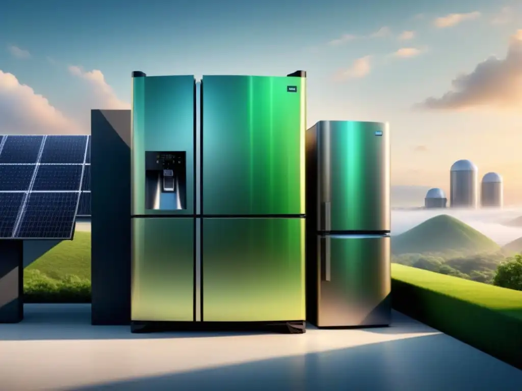 Ilustración minimalista de la evolución de sistemas de refrigeración hacia diseños sostenibles y futuristas