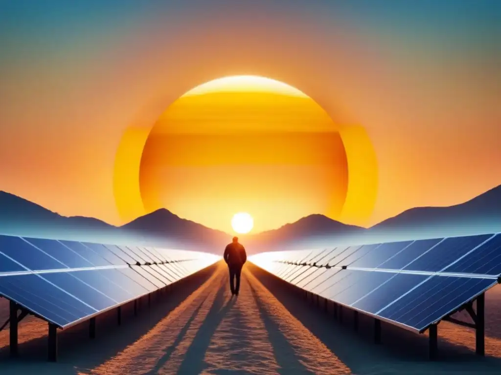 Ilustración minimalista de un sol vibrante con paneles solares integrados, simbolizando la integración de energías renovables en el entorno natural