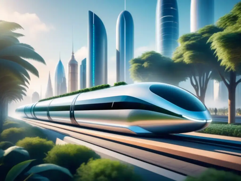 Ilustración minimalista de un pod Hyperloop sostenible deslizándose en un paisaje urbano futurista