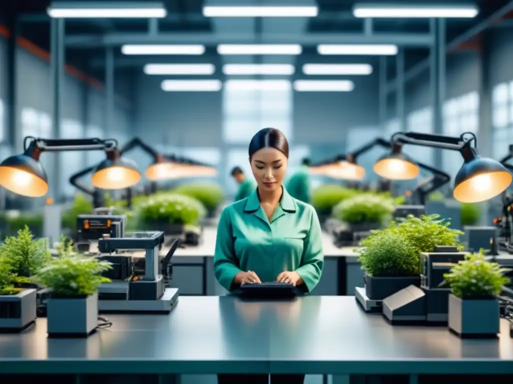 Ilustración minimalista de trabajadores en estaciones ergonómicas, rodeados de vegetación en una planta moderna