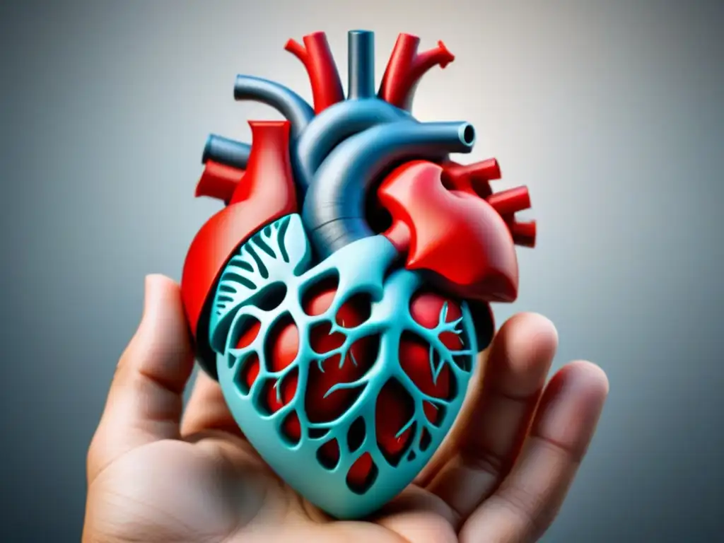 Un modelo anatómico del corazón humano impreso en 3D, detallado y sofisticado, ideal para educación médica