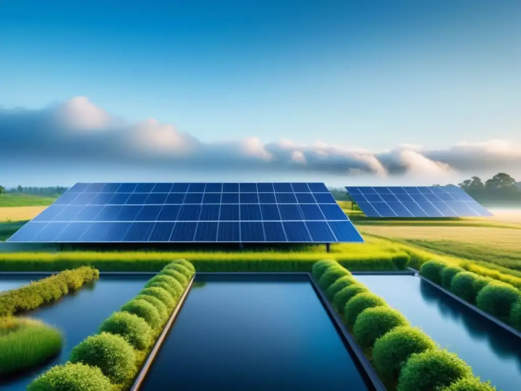 Un modelo de negocio sostenible: una fábrica moderna con paneles solares, rodeada de vegetación y cielos despejados