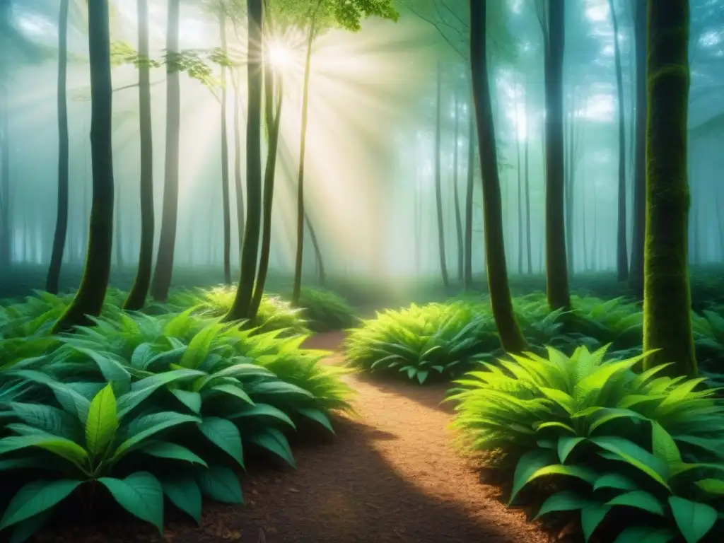 Formación en modelos de negocio sostenibles: Bosque verde sereno con luz solar filtrándose entre hojas, creando sombras suaves en el suelo