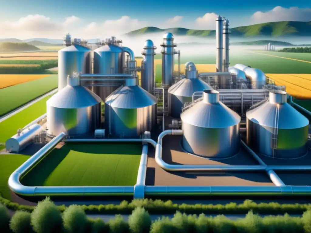 Refinería futurista de bioenergía en campos verdes Una moderna biorefinería futurista en medio de campos verdes, fusionando tecnologías biocombustibles tercera generación con la naturaleza