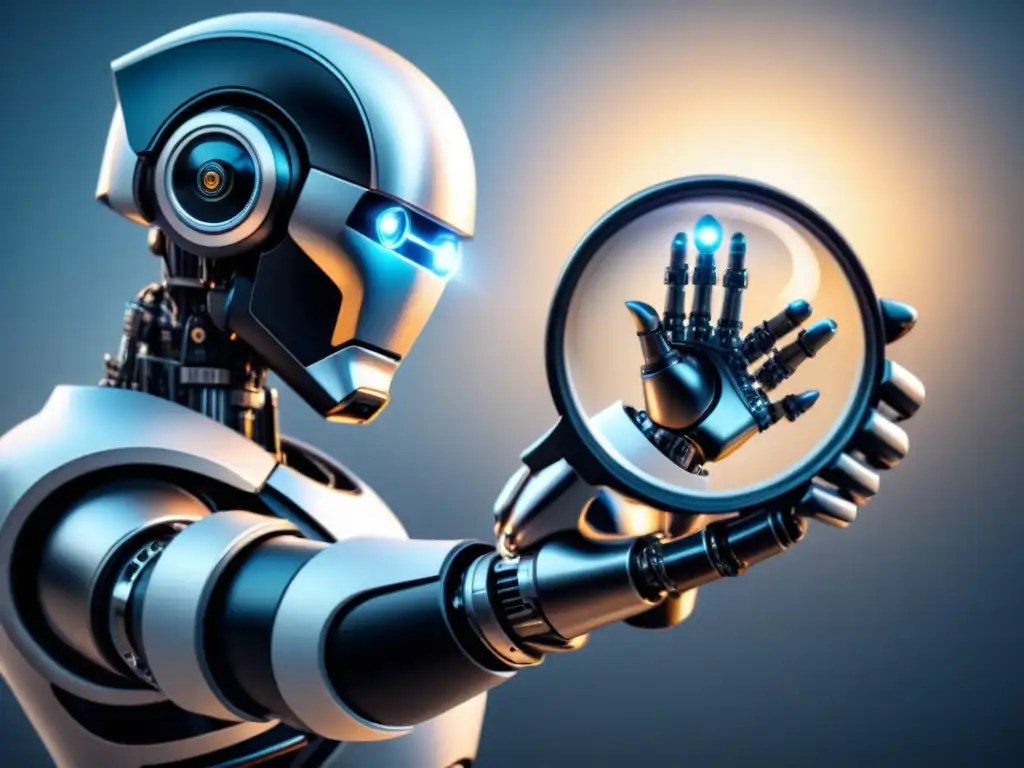Una ilustración moderna en blanco y negro de una mano robótica sosteniendo una lupa, simbolizando la tecnología avanzada y precisión de los roboadvisors en la inversión bancaria