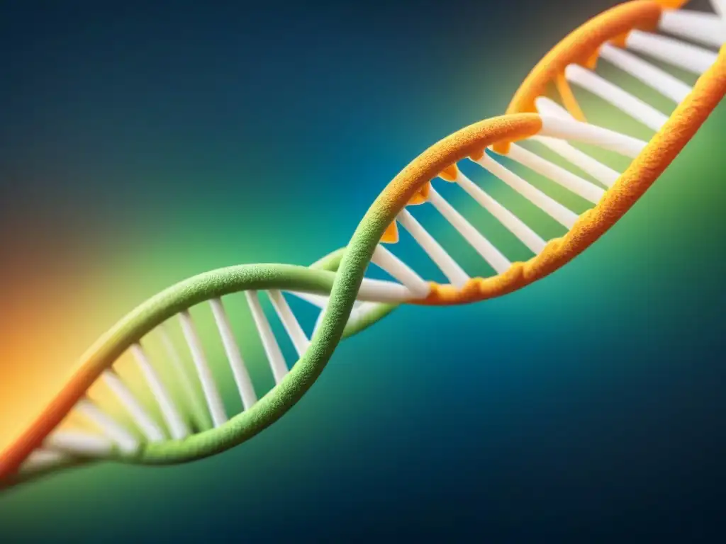 Una moderna representación de una doble hélice de ADN en tonos azules y verdes, resaltando una estética minimalista