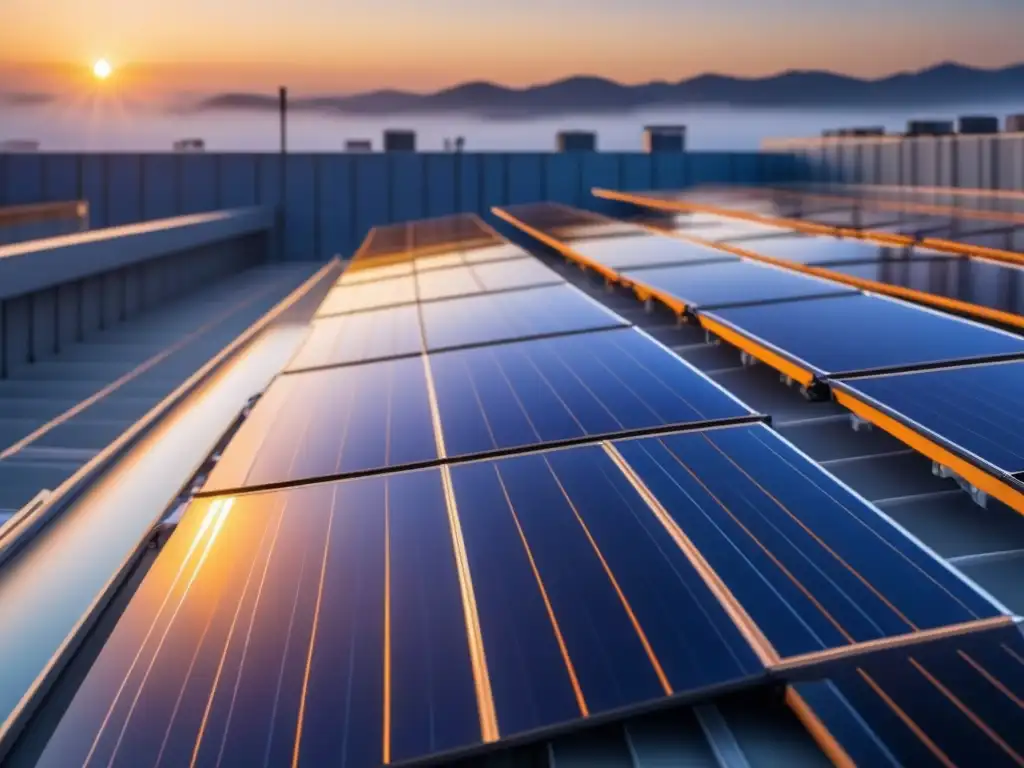 Instalación moderna de paneles solares en tejado, con luz dorada del sol