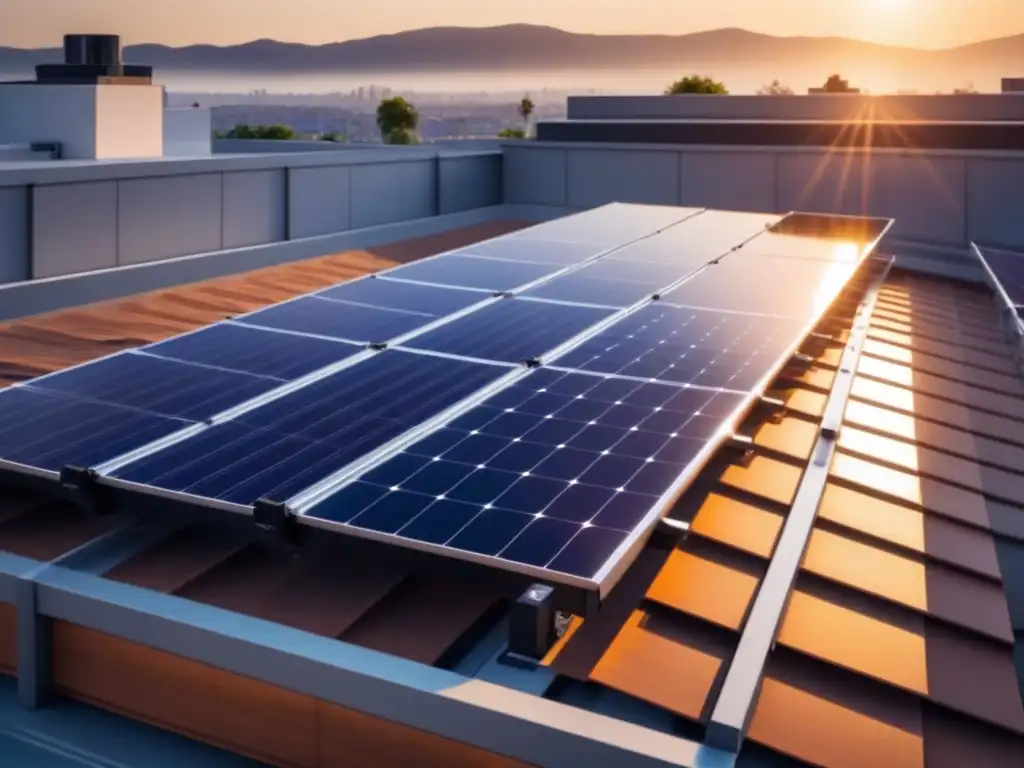 Instalación moderna de paneles solares en tejado plano con luz solar brillante