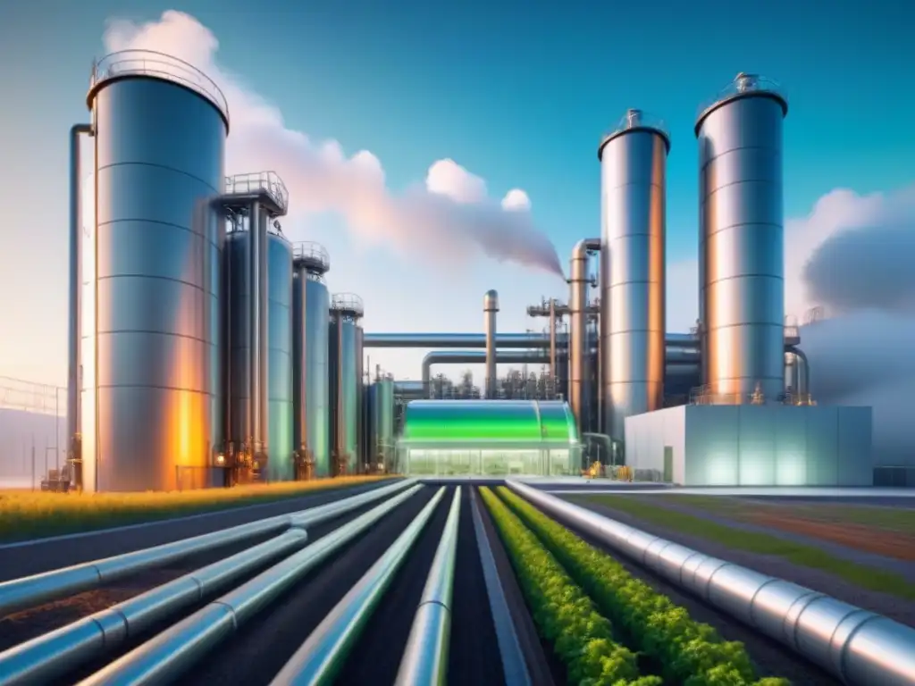 Refinería biofuturista de biocombustibles: innovación verde en 8k Una moderna planta de biocombustibles convirtiendo CO2 en energía sostenible