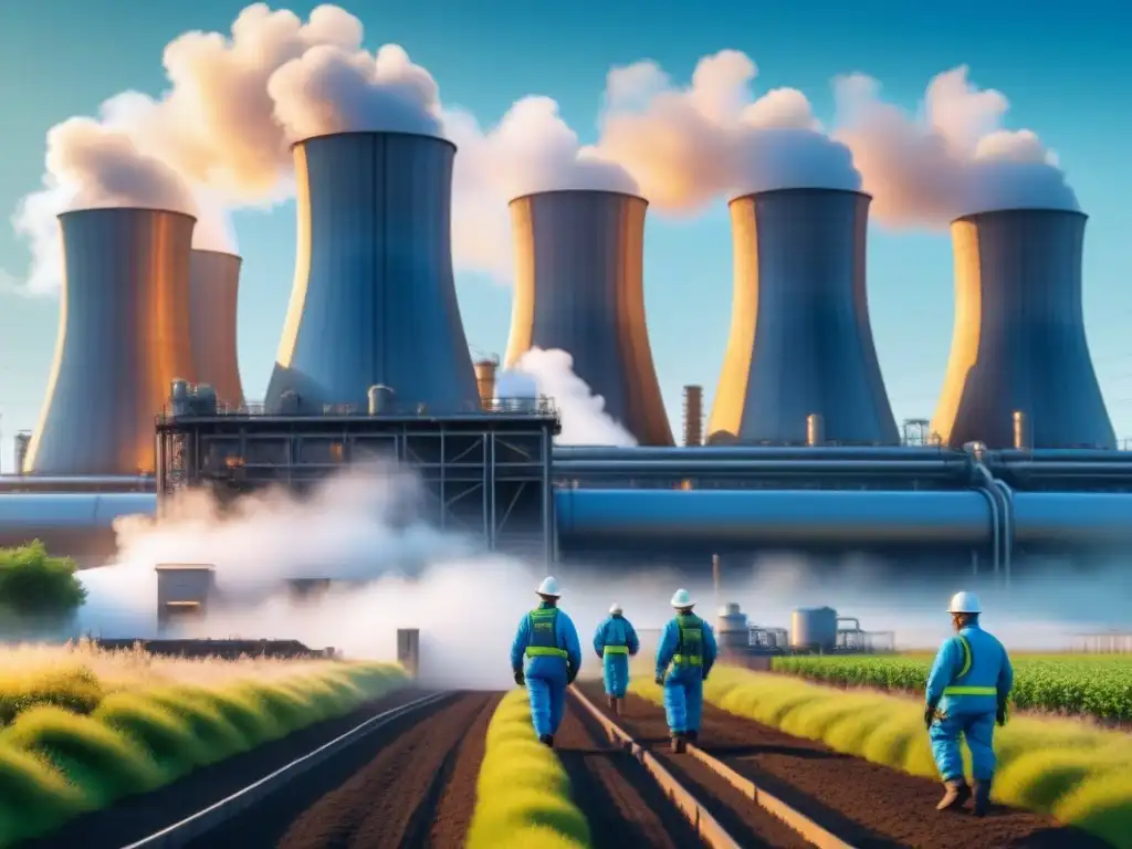 Una moderna planta geotérmica industrial en un valle verde, armonizando tecnología avanzada y naturaleza
