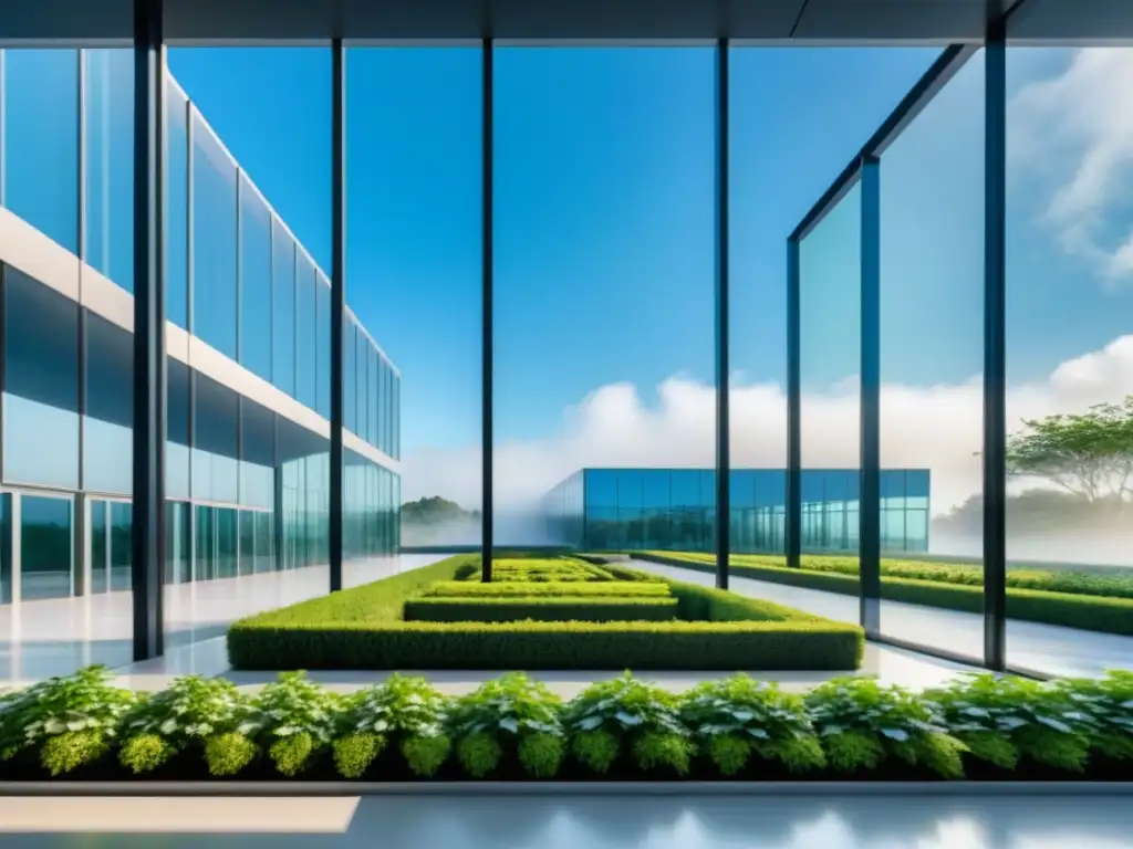 Moderna planta manufacturera con líneas limpias y ventanales reflejando el cielo azul, rodeada de vegetación exuberante