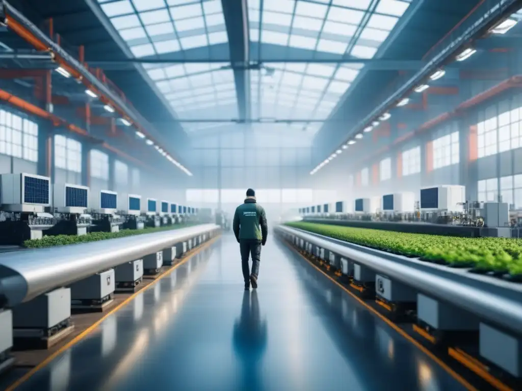 Una moderna planta de fabricación con maquinaria avanzada y brazos robóticos, rodeada de vegetación y paneles solares