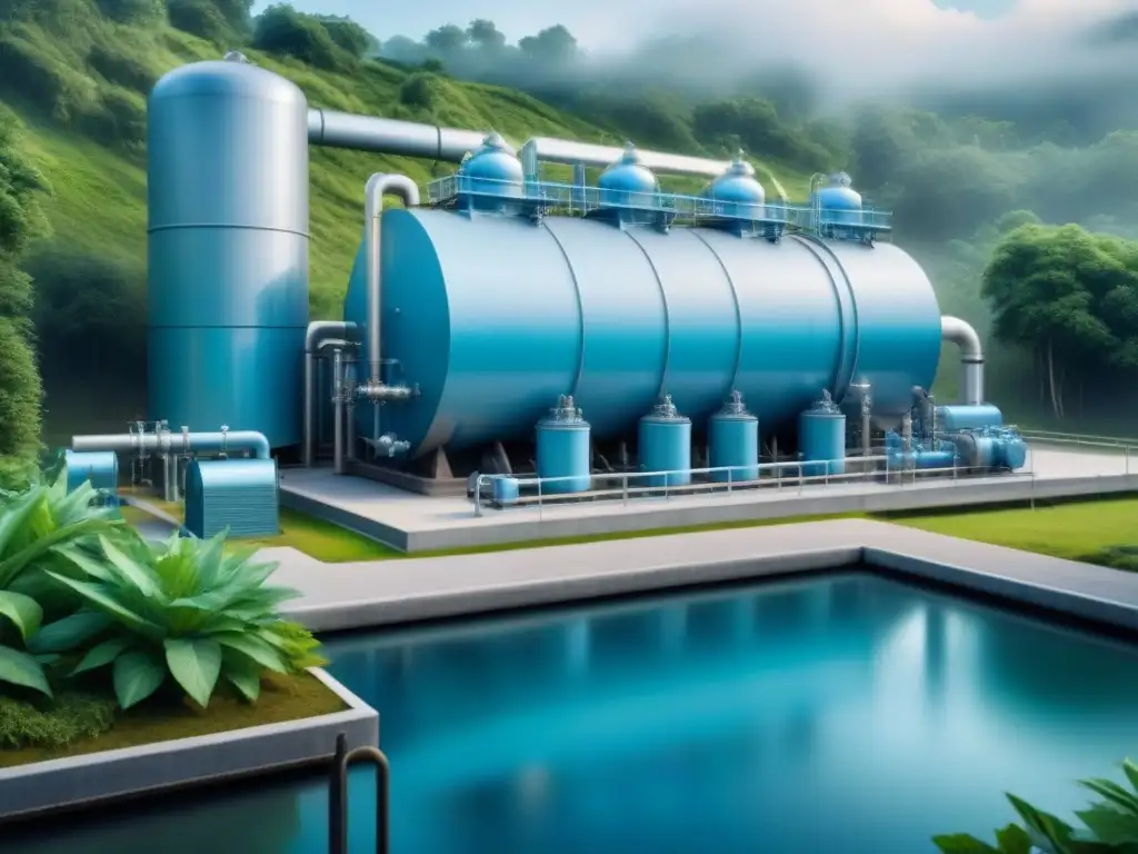 Planta de tratamiento de agua: fusión industrial y natural Una moderna planta de tratamiento de aguas industriales con microorganismos, rodeada de exuberante vegetación en tonos azules y grises