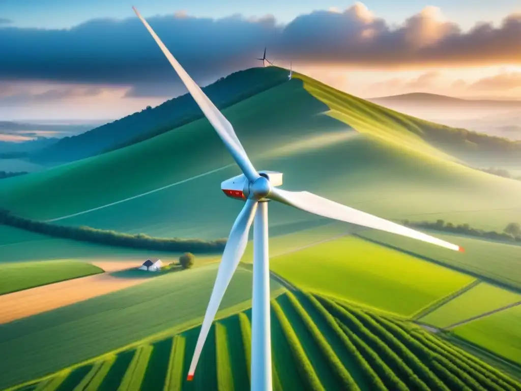 Una moderna turbina eólica en un atardecer vibrante, girando lentamente en un campo verde