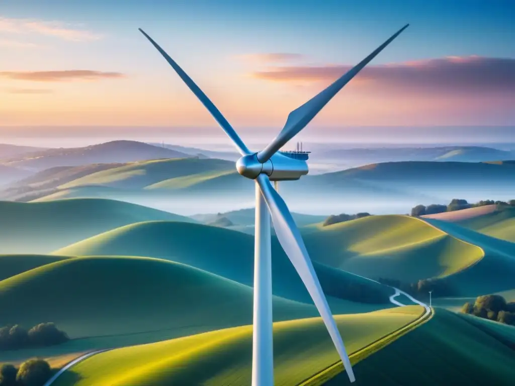 Una moderna turbina eólica en un atardecer vibrante, girando en armonía