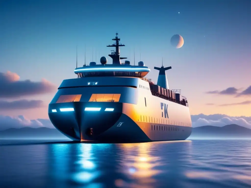 Un moderno buque de carga futurista con sistemas de inteligencia artificial navegando en aguas tranquilas bajo un cielo estrellado