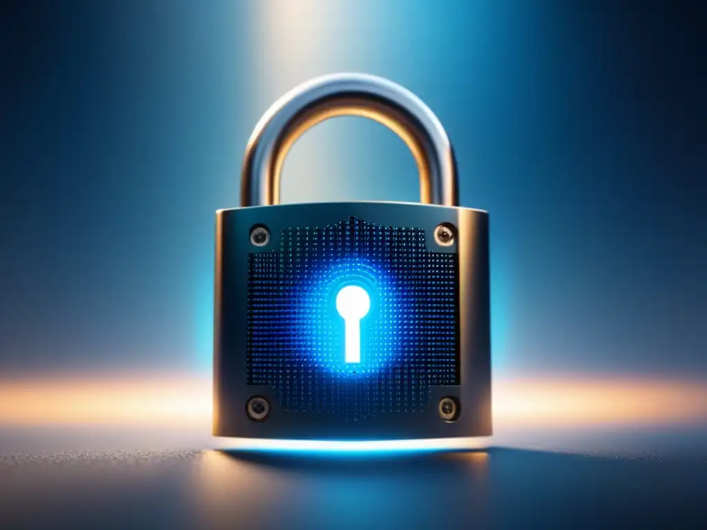 Un moderno candado digital con código binario, asegurando infraestructura industrial en la nube