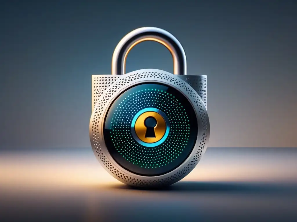 Geometría futurista: protección de copyright en tecnología Un moderno candado digital futurista, simbolizando la importancia de la gestión de derechos de autor en la tecnología