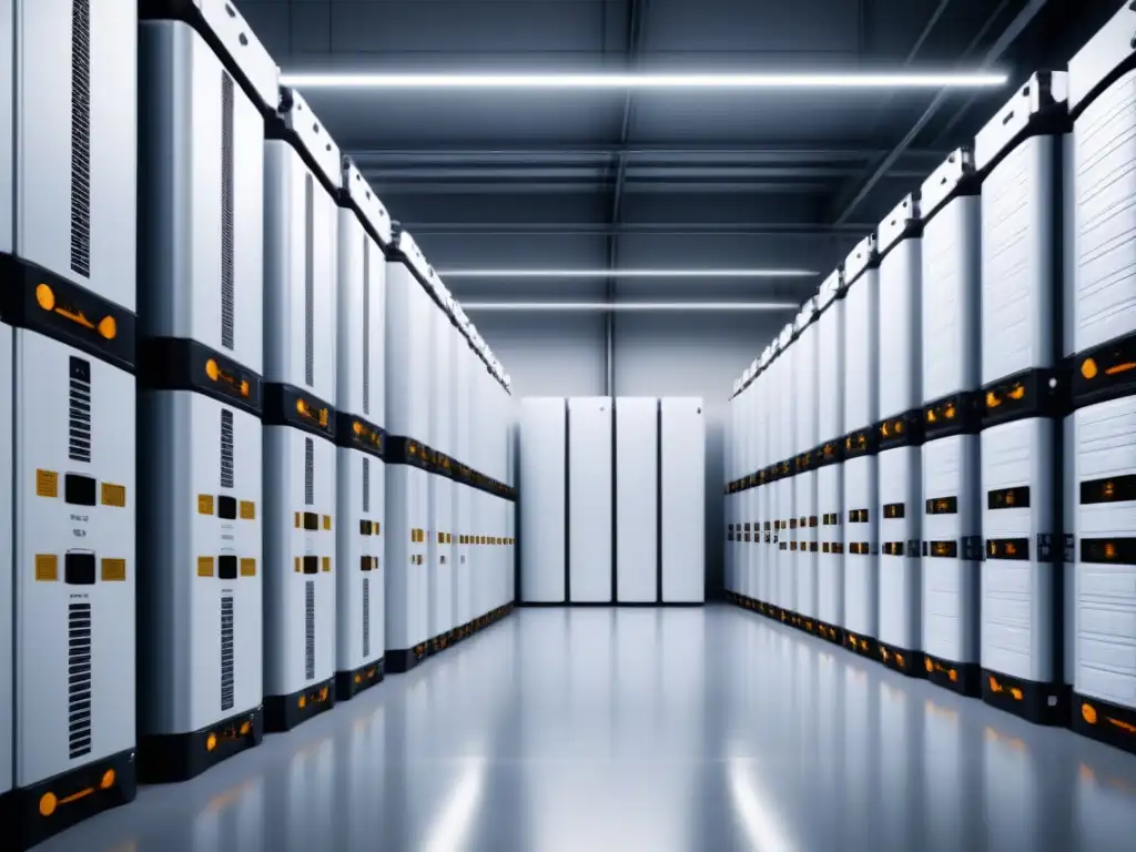 Instalación de almacenamiento de energía con baterías modernas y eficientes Un moderno centro de almacenamiento de energía con baterías alineadas en un almacén amplio y luminoso