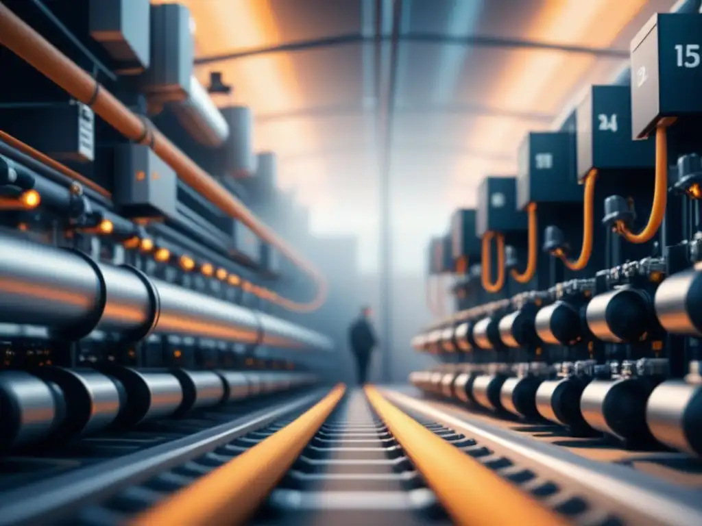 Un moderno y detallado centro industrial con cables de fibra óptica integrados