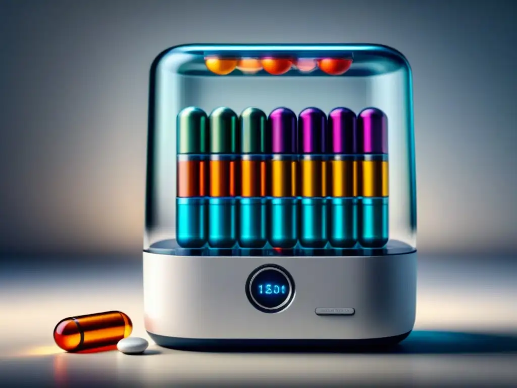 Un moderno dispensador de pastillas con tecnología de empaquetado farmacéutico, organizado y colorido, resalta la adherencia al tratamiento