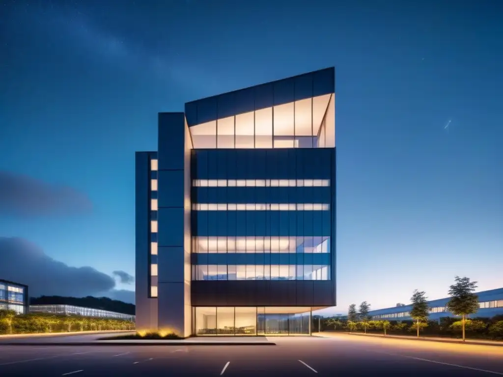 Un moderno edificio de oficinas iluminado con luces LED, destacando la Implementación sistema gestión energética ISO 50001