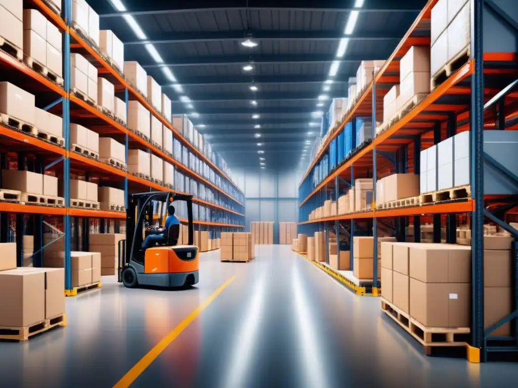 Almacén moderno con estanterías ordenadas y cajas apiladas