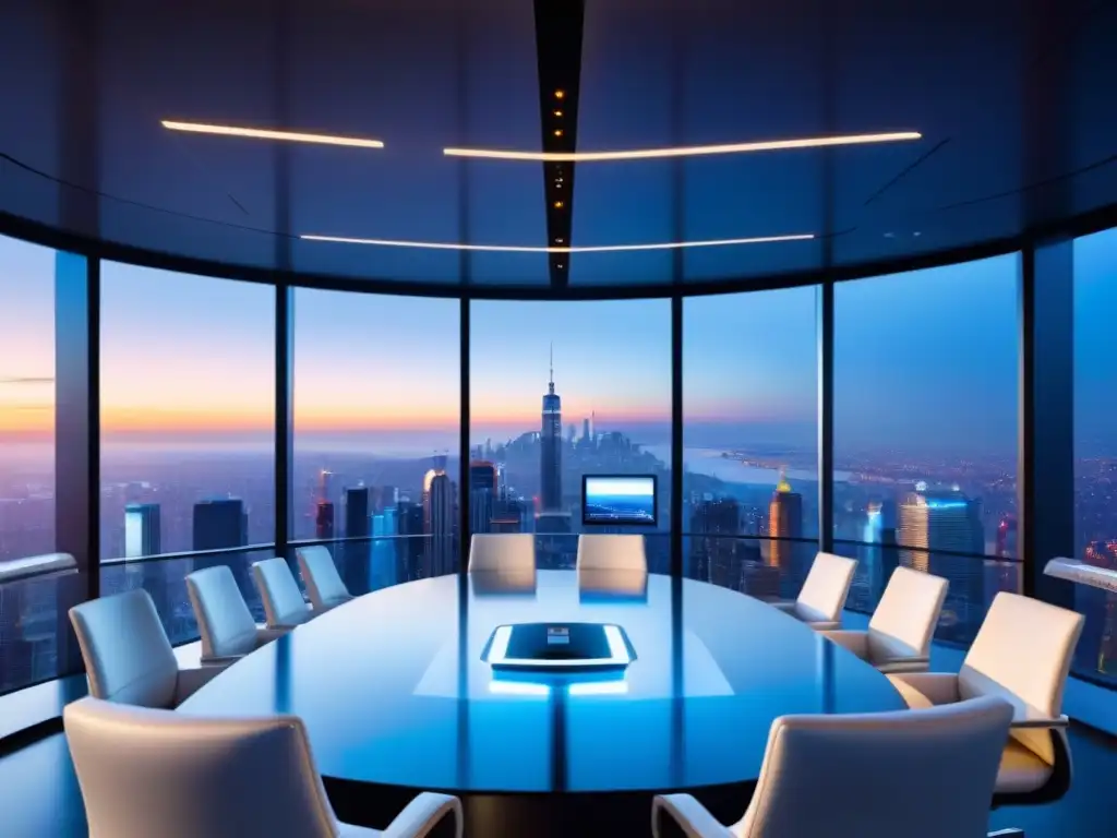 Un moderno salón de juntas con vista panorámica de la ciudad al anochecer, iluminado por estrategias innovadoras empresas líderes