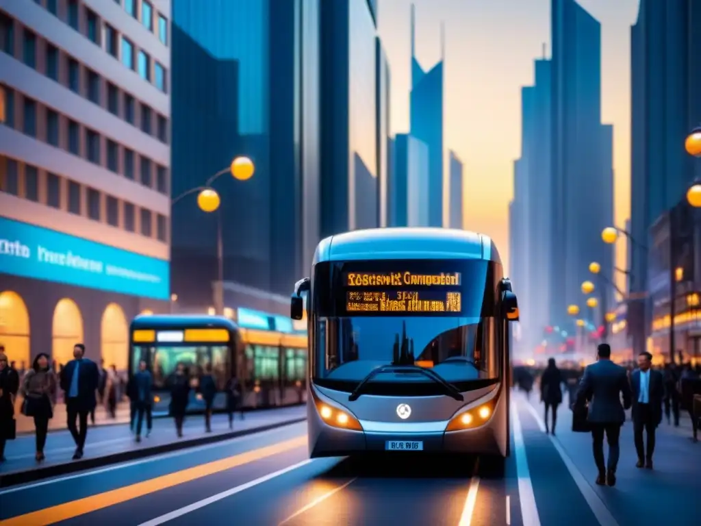 Moderno paisaje urbano al anochecer con autobuses eléctricos y farolas LED, reflejando políticas innovadoras movilidad urbana sostenible