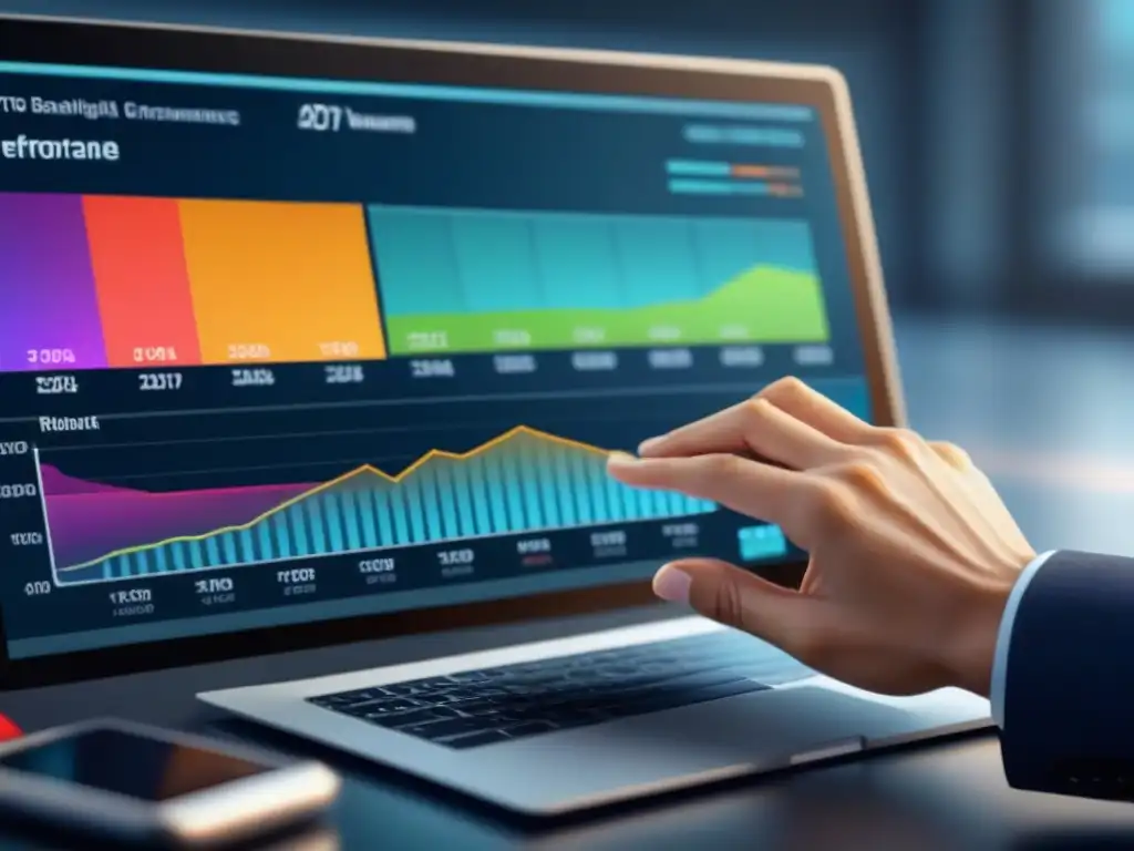 Un moderno panel digital muestra indicadores clave gestión cambio tecnológico con gráficos y métricas, reflejando éxito y progreso