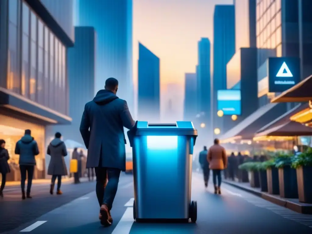 Un moderno paseo urbano con rascacielos futuristas y un contenedor de reciclaje para residuos electrónicos en ciudades inteligentes