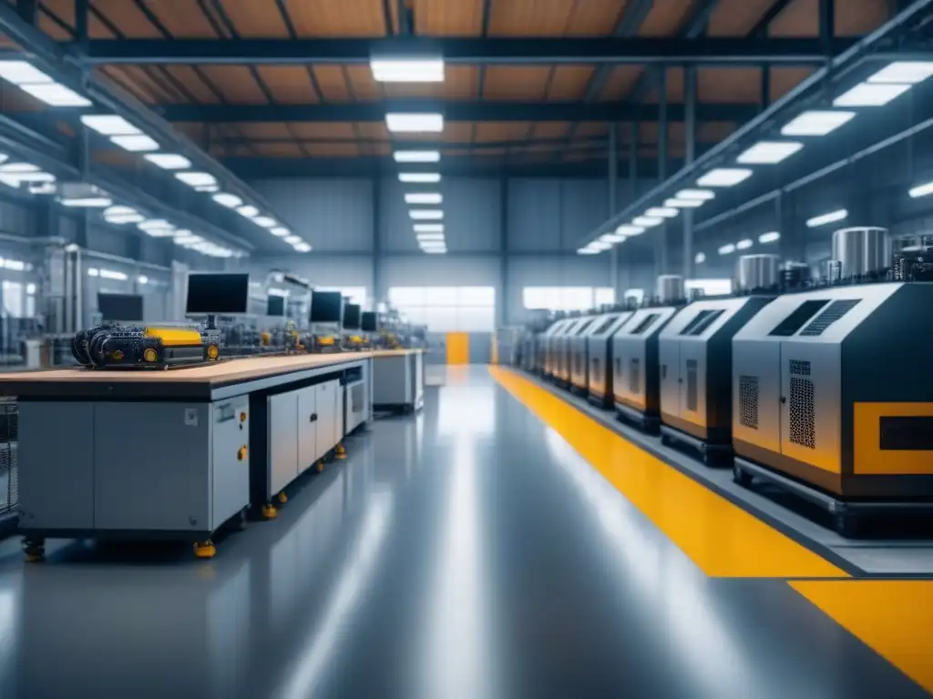 Un moderno piso de fábrica industrial, con maquinaria avanzada y un equipo diverso utilizando software de gestión de proyectos