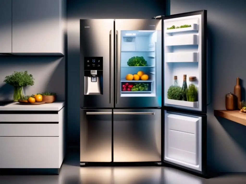 Un moderno refrigerador ecológico con tecnología innovadora y diseño minimalista, destacando el impacto políticas refrigeración ecológica