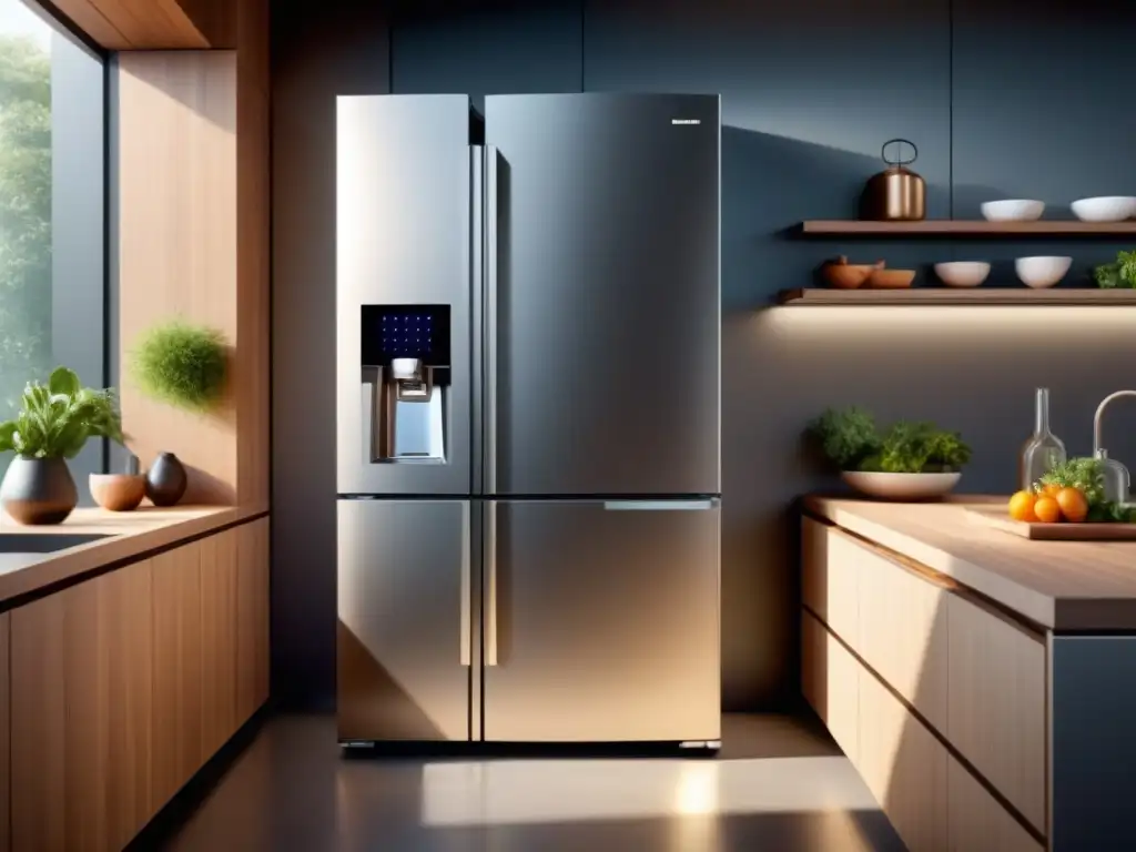 Un moderno refrigerador futurista integrado en una cocina ecológica, destacando la tecnología de reducción de impacto ambiental