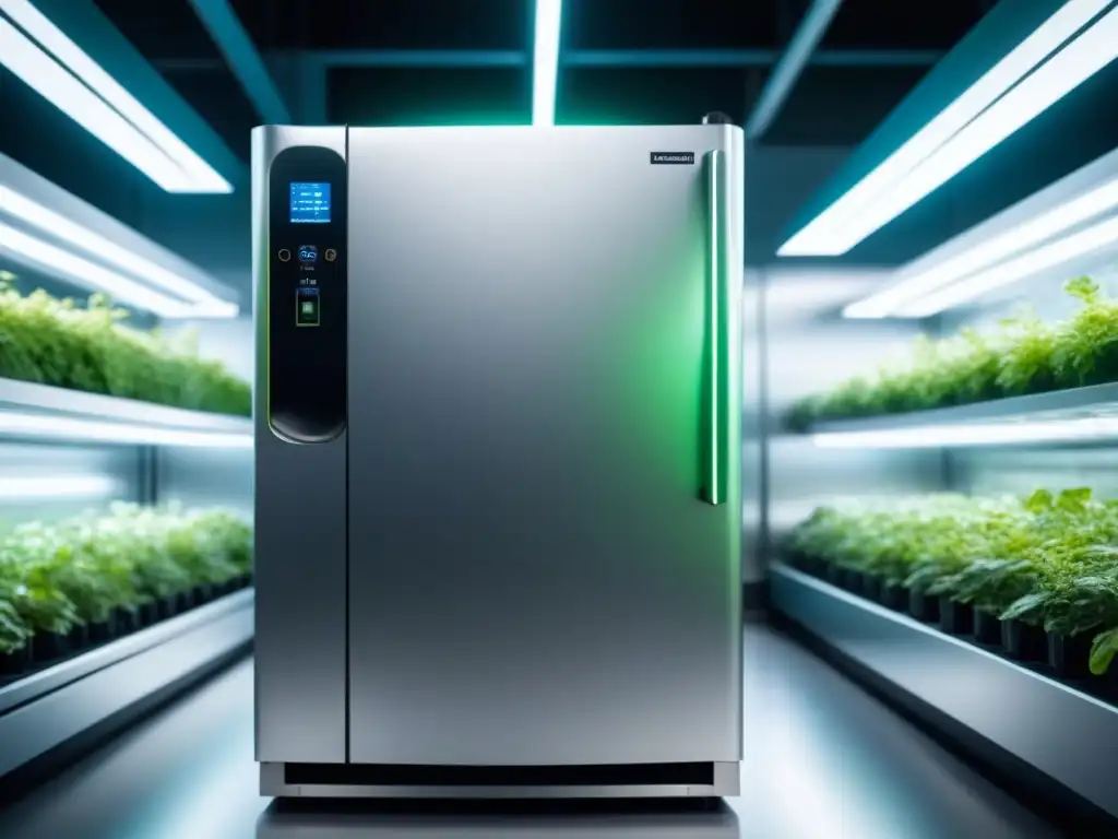 Un moderno refrigerador futurista rodeado de vegetación, emitiendo aire limpio y fresco