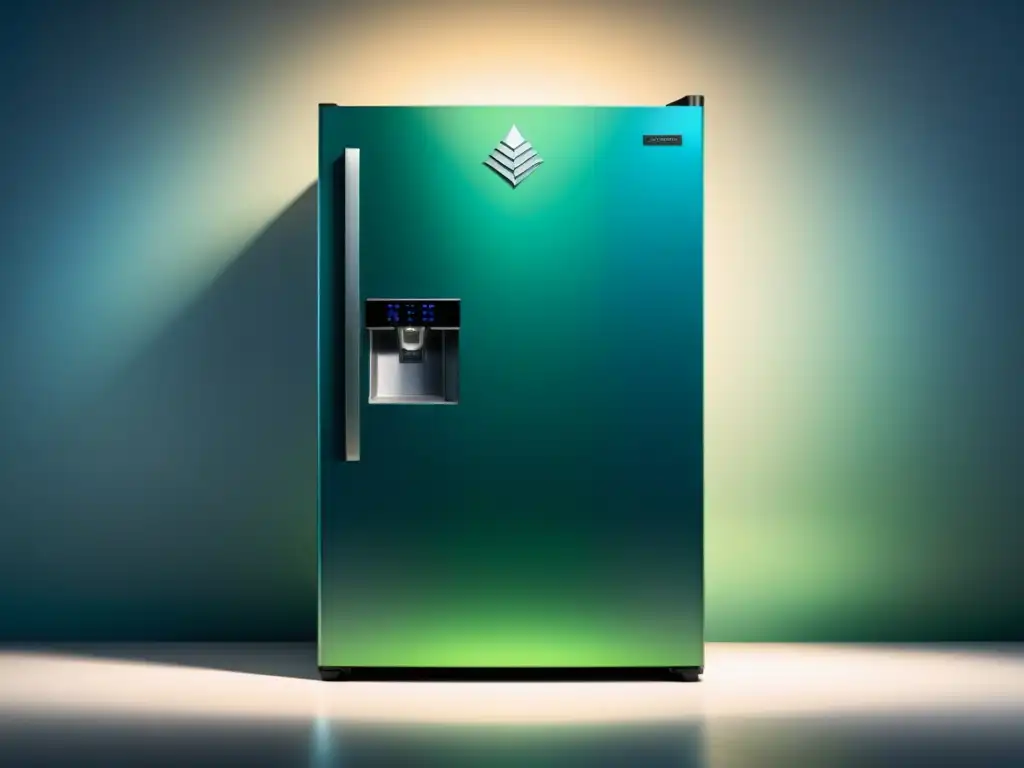 Refrigerador futurista eco-friendly con símbolos de eficiencia energética Un moderno refrigerador futurista con símbolos de eficiencia energética, en tonos verdes y azules