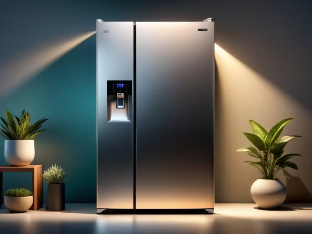 Un moderno refrigerador sostenible con tecnología avanzada, componentes eficientes y materiales ecológicos