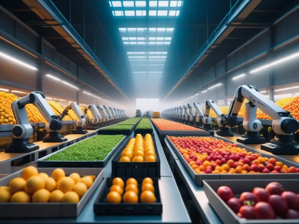 Almacén moderno con robots clasificando alimentos