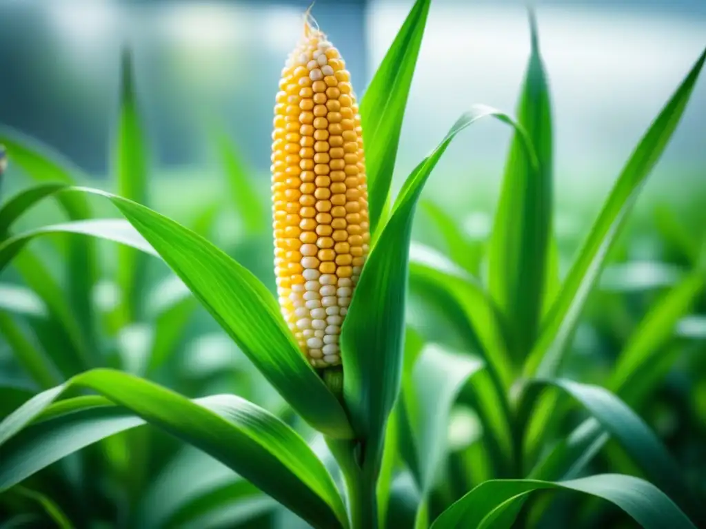 Maíz genéticamente modificado con CRISPR en agricultura personalizada, destacando colores vibrantes y granos uniformes en laboratorio blanco