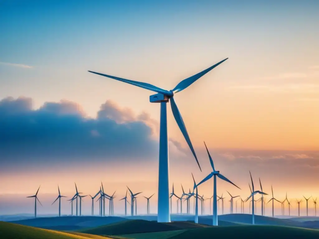 Un molino de viento futurista destaca en el cielo azul, irradiando innovación en energía renovable